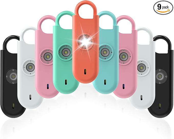 140dB Personal Safety Alarm for Women, 9 Pack Safe Alarm Protection Keychain with Strobe Light & Low Battery Notice, Security Siren Self Defense for Kids Seniors College Girls