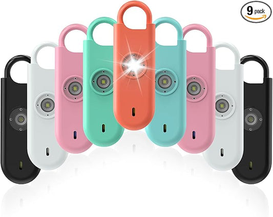 140dB Personal Safety Alarm for Women, 9 Pack Safe Alarm Protection Keychain with Strobe Light & Low Battery Notice, Security Siren Self Defense for Kids Seniors College Girls