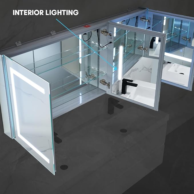 Blossom 60x26 LED Medicine Cabinet Mirror for Bathroom, Recessed/Surface Lighted Medicine Cabinet with Mirror, Anti-Fog, Dimmable 3 Color Makeup Mirror, Wall Mounted Storage