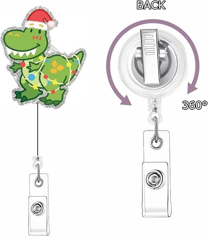 Dinosaur Badge Holder Cute Christmas Retractable ID Badge Reel with Alligator Clip Glitter Dinosaur Light String Acrylic Badge Reels ID Name Tag for Nurse Nursing Office Teacher Xmas Badge Accessories