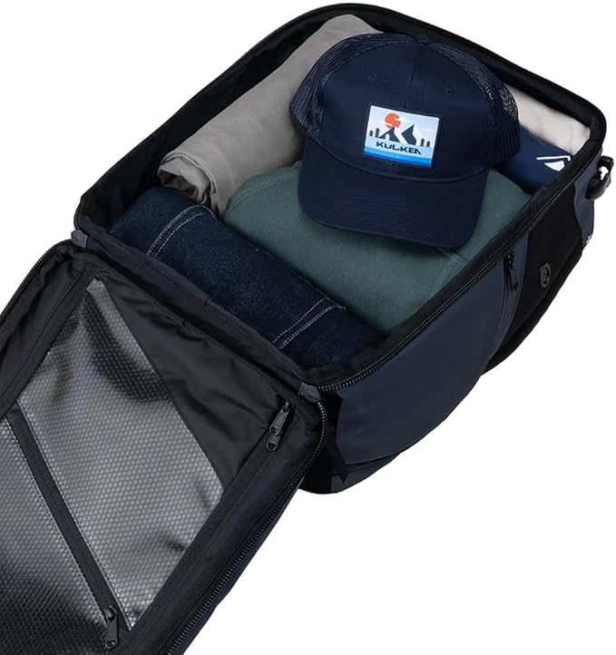 Käydä 36L Travel Backpack - Spacious Carry On Backpack with Detachable Travel Pouch, Magnetic Water Bottle Pocket, Passport and Laptop Pocket - Convertible Boot Bag for Snow Sports (Steel Blue)
