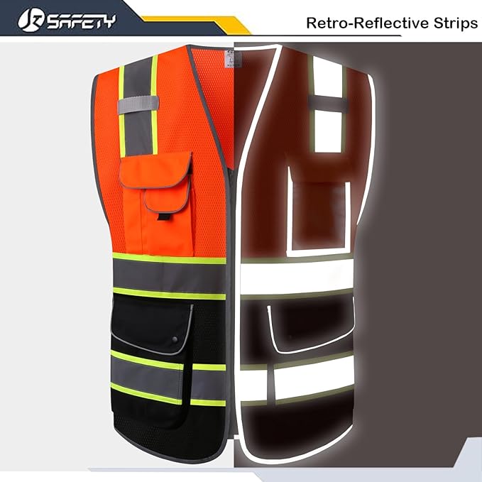 JKSafety 9 Pockets High Visibility Dual Color Zipper Front MESH Lite Safety Vest | Yellow Color Triming Reflective Strip | ANSI/ISEA Standards (100-Orange-Black,3XL)