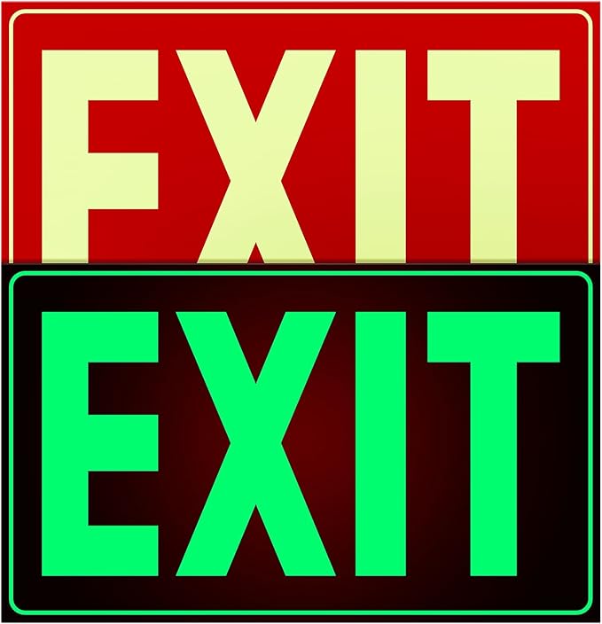 Glow in The Dark Photoluminescent Emergency Exit Signs Self-Adhesive Sticker, 12x7 Inches Illuminated Red Exit Sign for 50 Ft Visibility, UV Protected Tear & Scratch Resistant PVC (2 Pack)