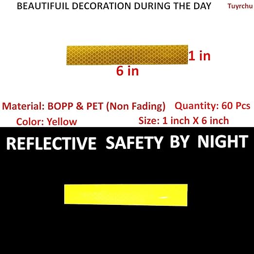 Yellow Reflective Stickers 1 inch X 6 inch, Outdoor Waterproof High Visibility Warning Safety Adhesive Reflector Tape (60 Pcs)