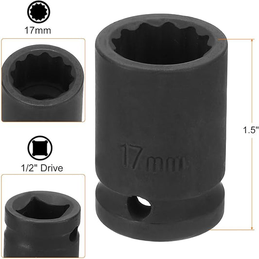HARFINGTON 12-Point Impact Socket 1/2 Inch Drive 17mm Metric Cr-V Shallow Impact Socket Nut Driver Wrench for Auto Repair