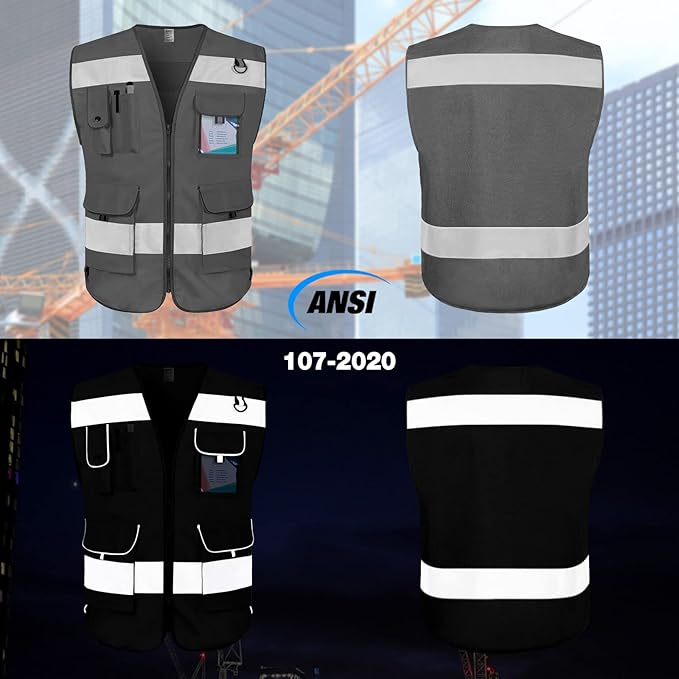 TCCFCCT Hi Vis Vest 9 Pockets High Visibility Reflective Safety Vest for Men Women, Safety Construction Vest with Reflective Strips, Meets ANSI/ISEA Standards, (Grey, Medium)