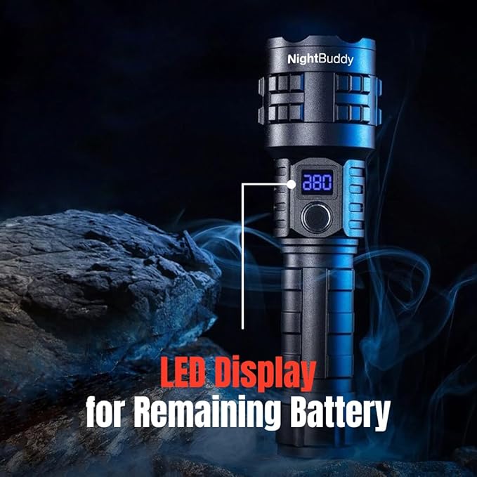 NightBuddy Powerful Rechargeable Tactical LED Flashlight 5000 High Lumens for Home Camping or Survival with Emergency Window Breaker 5 Light Modes IPX7 Waterproof Adjustable Focus USB Output