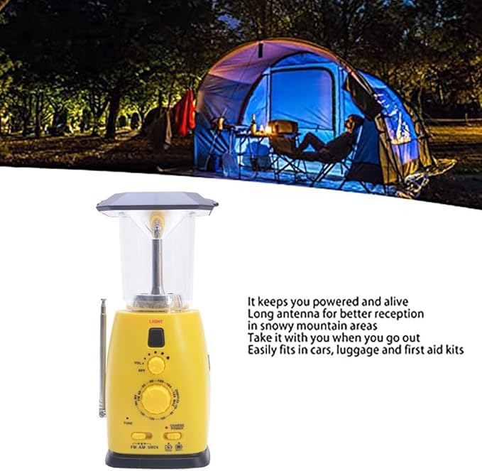 Solar Powered AM/FM Portable Radio with Hand Crank, USB Phone Charger, LED Camping Light, Compact 8.3 x 4.3 x 4.3 in Yellow