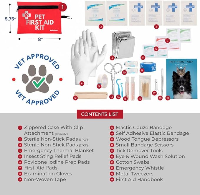 Dog First Aid Kit for Hiking & Travel - Vet Approved Emergency Supplies - Pet First Aid Guide, Tick Remover, Thermal Blanket & More - Compact Pet Camping Gear - Ideal Dog Gift for Christmas Stocking