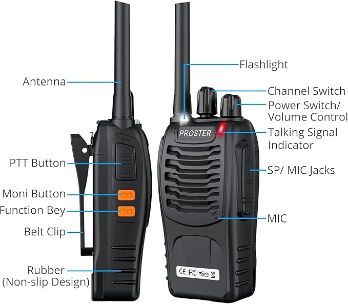 Proster Rechargeable Walkie Talkies 2 Pair - Long Range Two Way Radios 16 Channel Handheld Walky Talky with Flashlight Li-ion Battery and Charger