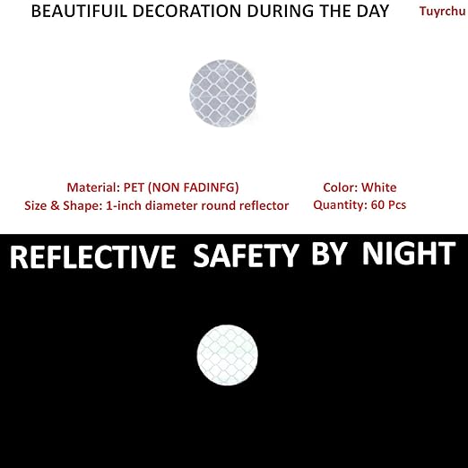 White Reflective Stickers 1-inch Diameter Round Reflector, Outdoor Waterproof High Visibility Warning Adhesive Tape (60 Pcs)