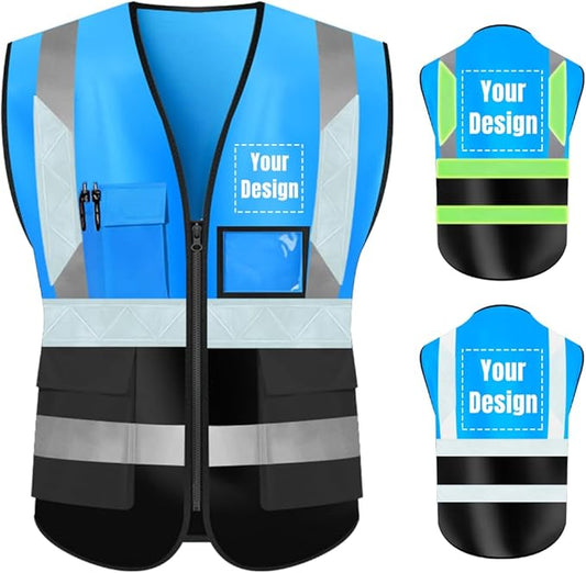 YOWESHOP High Visibility Safety Vest Custom Your Logo Protective Workwear 5 Pockets With Reflective Strips Outdoor Work Vest (M, Blue Black Luminous)