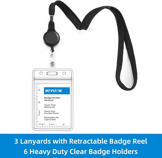 Cruise Flat Lanyard with Retractable Badge Reel & Heavy Duty Clear Vertical ID Card Name Badge Holder (Black,3 Pack)