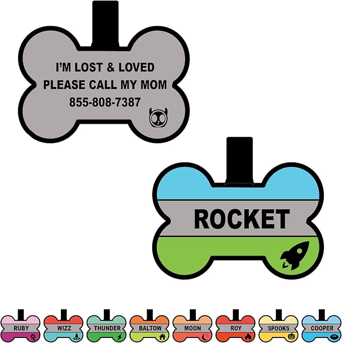 Silent Dog Tag Personalized with 5 Lines of Custom Deep Engraved Durable Soundless Silicone Pet ID Name Tag Bone Design Bluegreen