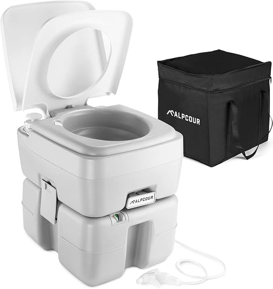 Alpcour Portable Toilet – Compact Indoor & Outdoor Commode w/Travel Bag for Camping, RV, Boat – Piston Pump Flush, Built-in Pour Spout & Washing Sprayer for Easy Cleaning