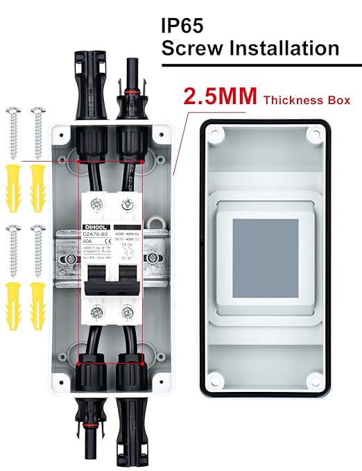 DIHOOL 60 Amp Solar Disconnect Switch, dc Circuit Breaker with Cover, Outdoor Miniature Circuit Breaker with din Rail Enclosure