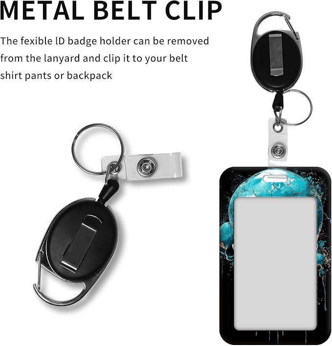 ID Badge Holder with Retractable Lanyard for Women & Men,Vertical ID Card Holder Wallet,Clear Window&Card Slot,Detachable Neck Strap for Nurse Teacher Office,Cracked Blue Skull