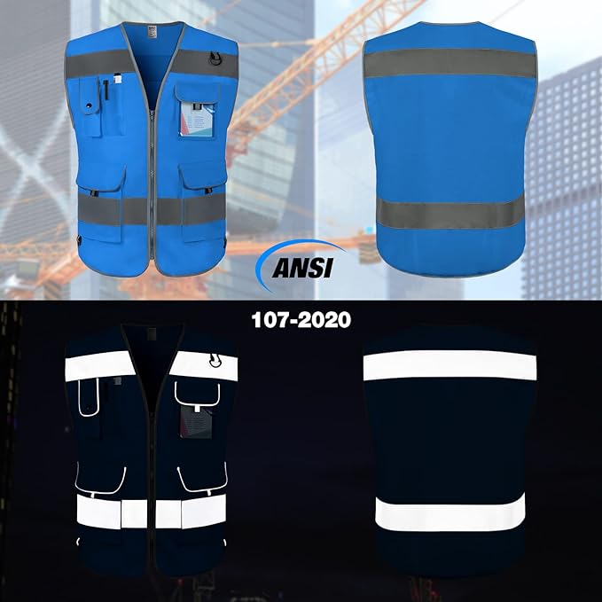 TCCFCCT Hi Vis Vest 9 Pockets High Visibility Reflective Safety Vest for Men Women, Safety Construction Vest with Reflective Strips, Meets ANSI/ISEA Standards, (Blue, Medium)