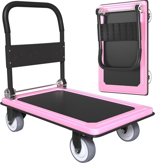 WUD Push Cart, Folding Mobile Platform Trolley,Thickened and Reinforced, 360° Swivel Wheels,35.4 “L x 23.6 ”W, 1100 lb. Pink Dolly cart with Wheels (Pink, Large)