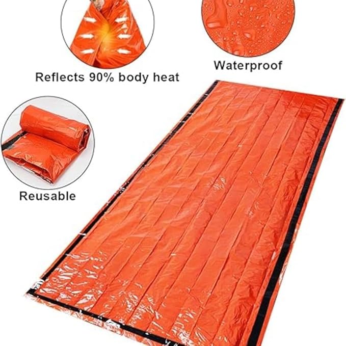 Survival kit 4 Pack, 1 Emergency Tent 1 Emergency Sleeping Bag 1 Mylar Blankets 1 Poncho with 4 Tac Bags for Outdoor Carcar Kits, Camping, Hiking Reuse Emergency Shelter.(Orange)
