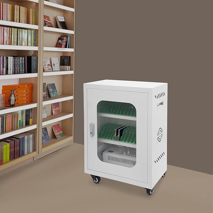 30 Slots Cell Phones Charging Station, Rechargeable Cellphone Locker Storage Charging Station, Mobile Charging Cart with Charging Ports, Wheels & Combination Lock (White)