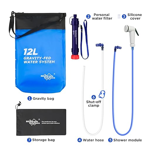 Membrane Solutions Gravity Water Filter Max 12L with Detachable Shower, NSF/ANSI 42&372&401 Certified, 0.1μm Water Purifier Camping with Adjustable Tree Strap Storage, Survival Gear for Emergency Kits