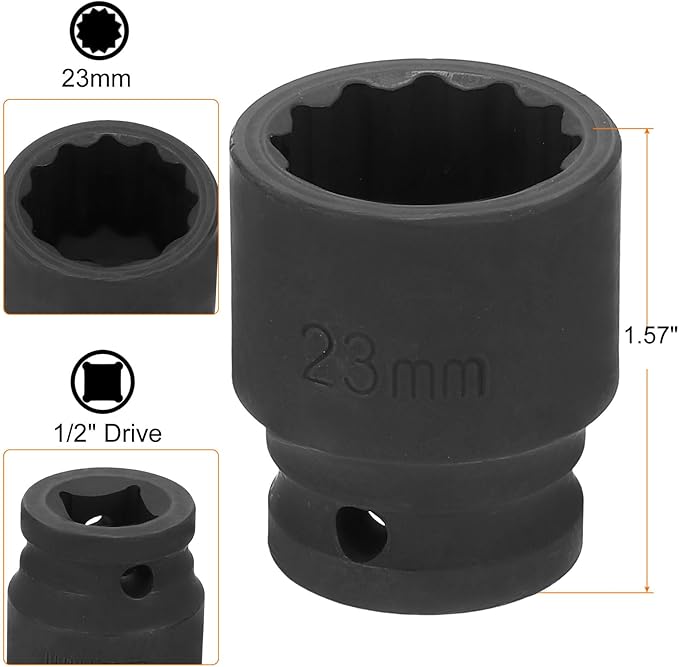 HARFINGTON 12-Point Impact Socket 1/2 Inch Drive 23mm Metric Cr-V Shallow Impact Socket Nut Driver Wrench for Auto Repair