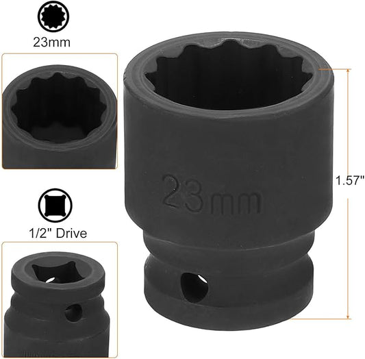 HARFINGTON 12-Point Impact Socket 1/2 Inch Drive 23mm Metric Cr-V Shallow Impact Socket Nut Driver Wrench for Auto Repair