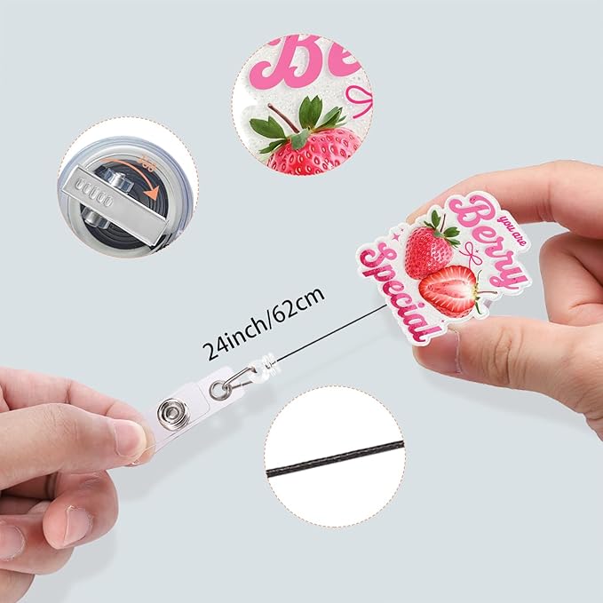 Berry Special Badge Buddy, Nurse Retractable Badge Holder with Clip, Glitter Acrylic Badge Reel for RN, LPN, CNA, Pink Cute Design (Strawberry)
