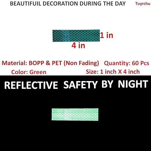Green Reflective Stickers 1 inch X 4 inch, Outdoor Waterproof High Visibility Warning Safety Adhesive Reflector Tape (60 Pcs)