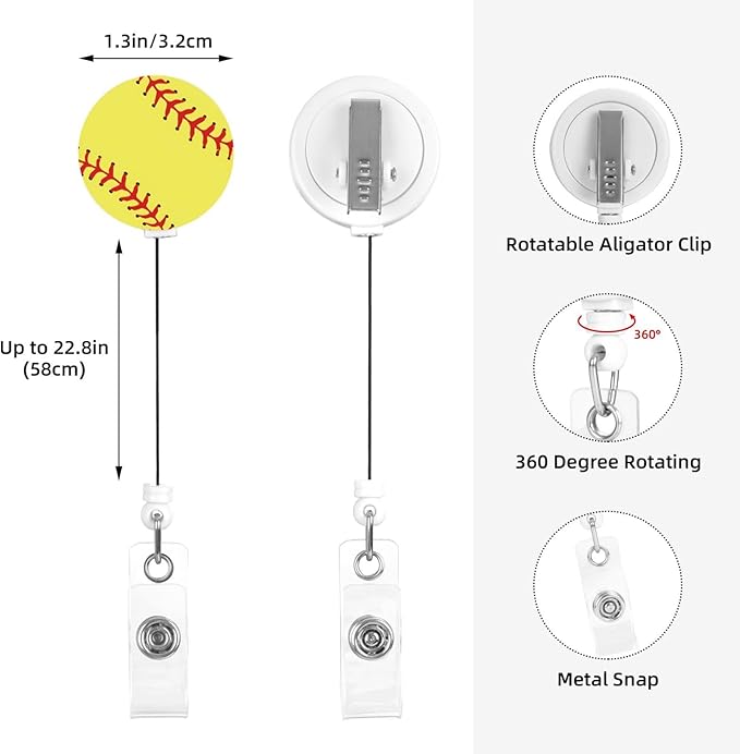 Softball Badge Reels Retractable Badge Holder with Clip for Id Name Tag Office Worker Student Teacher Nurse Doctor