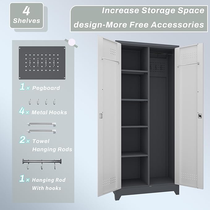 Metal Garage Storage Cabinets,Garage Tool Storage Cabinets with Lock,Locking Cabinet with Hanging Rod & S-Hooks for School,Gym,Grey-White