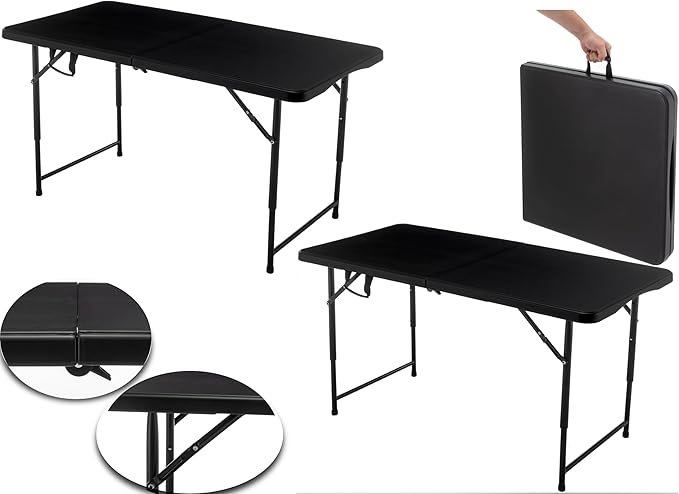 BTEXPERT Set of 2, Fold-in-Half Folding Utility Table 4Feet Lightweight Height Adjustable Portable Carrying Handle Indoor Outdoor Picnic Camping Office Home Party Easy to Clean Store Care Black