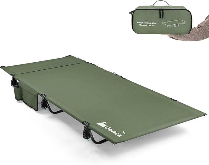 Gonex 31.5" Extra Wide Camping Cot with Premium Pillow Pocket Supports 350lbs, Portable Ultralight Folding Cot Bed for Adults Travel, Beach, Home, Sleeping (Army Green)