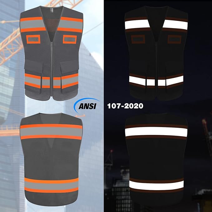 TCCFCCT Mesh Reflective Safety Vest with Pockets High Visibility Vest for Men Women, Work Vest with Fluorescent Orange Extend Edge, Meets ANSI/ISEA Standards, Grey, S