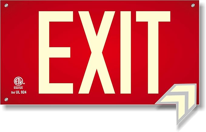 Photoluminescent Exit Sign Red W/Holes and Hardware - Aluminum - UL 924 Code Approved/IBC/NFPA 101) Made in USA | NightBright USA Part Number ULR-050-HH