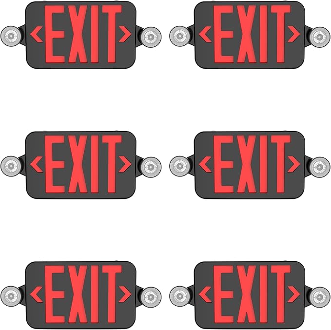 Black LED Exit Sign with Emergency Lights, Adjustable Two LED Head Commercial Emergency Exit Light with Battery Backup, UL Listed, AC 120/277V, Hardwired Emergency Lighting for Business (6 Pack)