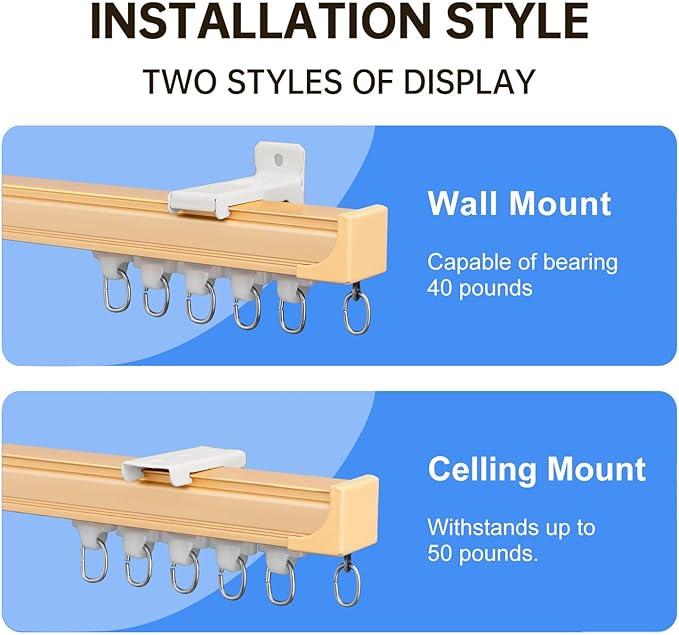 Ceiling Curtain Track Ceiling and Wall Mounted Heavy-Duty Curtains Rails Room Divider Curtains Shower RV Tracks Ceiling Sliding Curtain Rods With Clips, Gold 12ft.