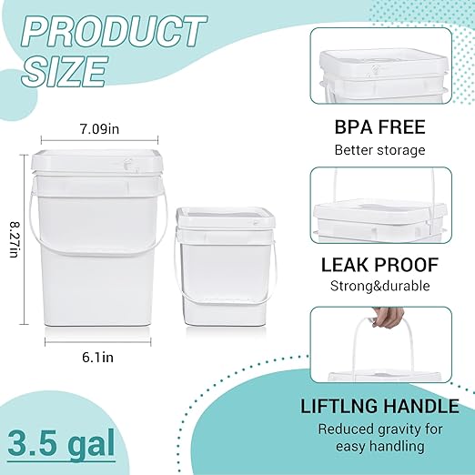 ASEVAT White 3.5 Gallon Bucket with Lid, Square Food Grade Storage Containers with Lids, Pail Container with Handle, Bucket for Cleaning Heavy-Duty Extra Durable BPA Free