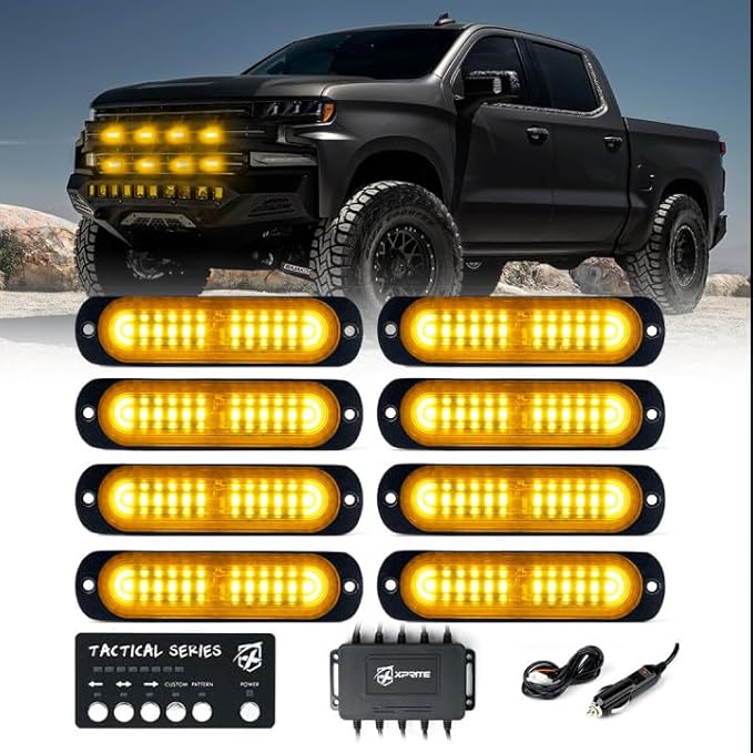Xprite Amber 12 LED Surface Mount Strobe Lights Kit, Grill Grille Side Marker Light Flashing Emergency Warning Light Assemblies w/Control Box for Trucks Vehicles ATV RV Cars Van 8PCS