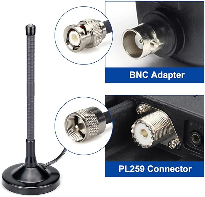 CB Radio Antenna with Magnetic Base, BNC Male Connector, 27MHz Mobile Antenna Compatible with AnyTone, Cobra CB Radio and Other Popular Models, 9-inch Height, Heavy Duty Magnet, for Cars and Trucks
