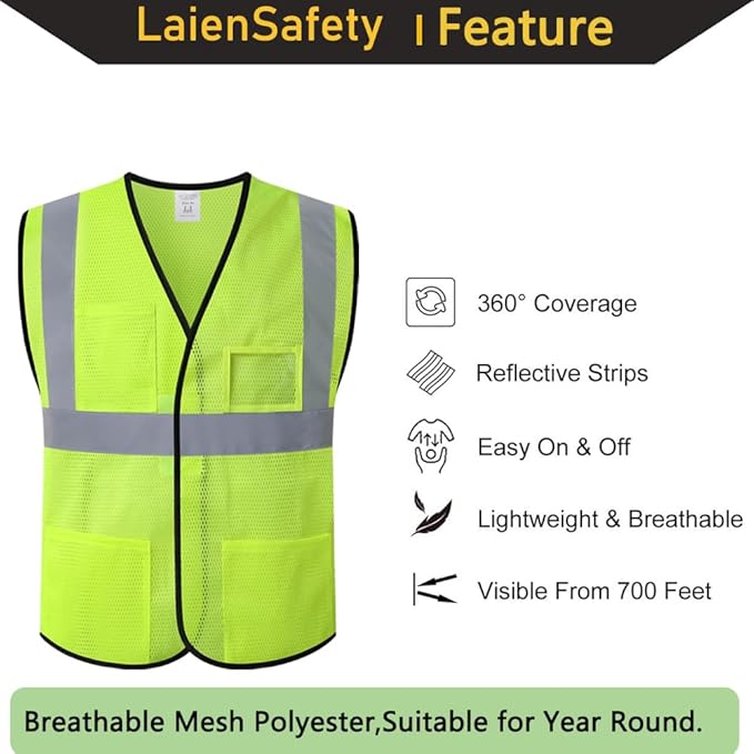 10 Pcs Reflective Safety Vests Bulk with 4 Pockets and Adjustable Front,Mesh Neon Yellow High Visibility Construction Vest for Men Women Outdoor Work (EK-LN10-10-Yellow)