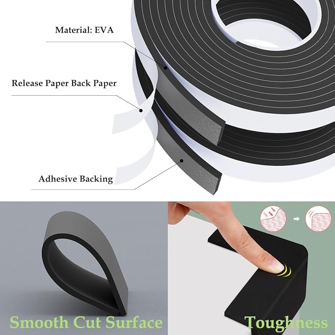 Weather Stripping Door Seal Black,1Inch Wide X 1/4 Inch Thick,Air Conditioner Window Seal,Self Adhesive Foam Tape High Density Foam Sealing Strip,Soundproof Tape Roll,2 Rolls Total 32.8Ft