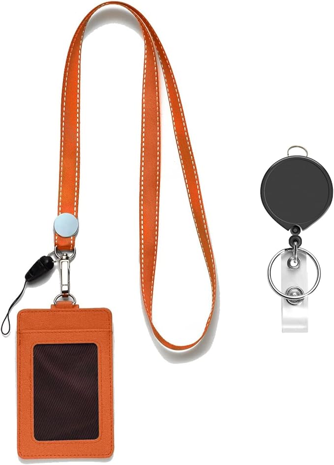 AMUU Orange Cruise Lanyards with PU Leather Vertical ID Badges Holder and Black Retractable Badge Reel,for Office,id Badges,Keys,Kid, Women,Men,USB Pack of 1
