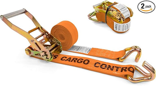 US Cargo Control Wire Hook Ratchet Straps 2 Inch x 12 Foot (2-Pack), 10,000 LBS Break Strength, Ratchet Straps Heavy Duty with Double J Hooks, Orange Cargo Tie Downs for Flatbed Trailers and Trucks