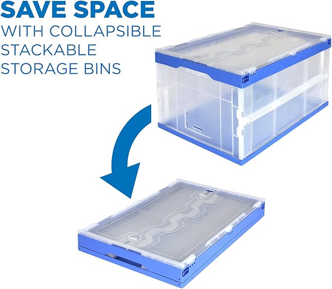 Mount-It! Collapsible Storage Bin with Attached Lid [65 Liter] Folding Crate, Durable Plastic Container, Trunk Storage, Box (23x15x13 Inches), Clear & Blue