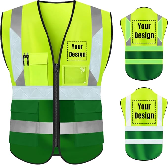 YOWESHOP High Visibility Safety Vest Custom Your Logo Protective Workwear 5 Pockets With Reflective Strips Outdoor Work Vest (4XL, Yellow Green Luminous)