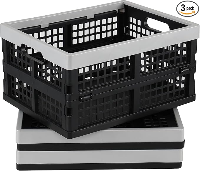 Pack of 3 Small Collapsible Storage Crates, 16 L Black Plastic Milk Crates