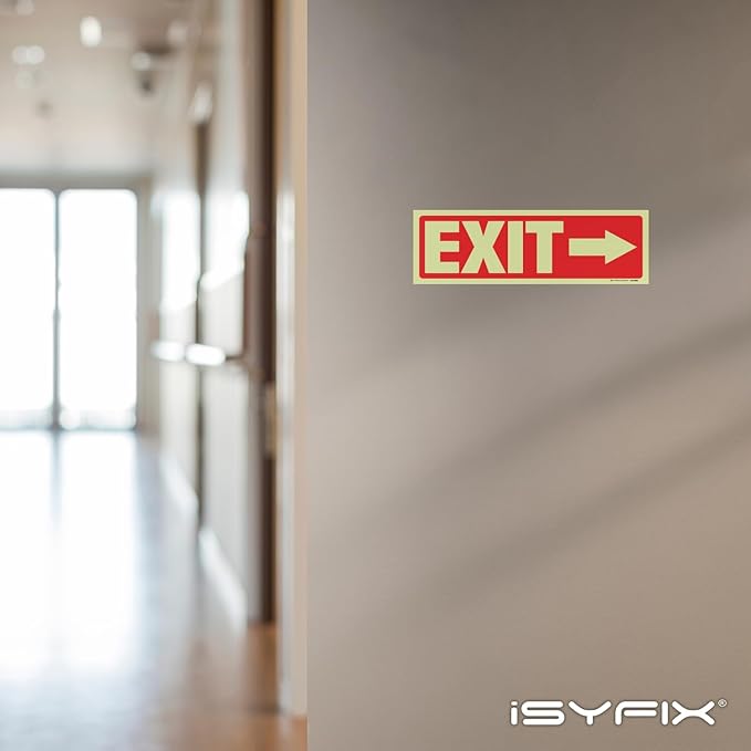iSYFIX Exit Stickers Signs with Directional Right Arrow 2 Pack 12x4 Inch - Glow in the Dark Photoluminescent Vinyl for Office, School, Business, Warehouse - UV & Weather Resistant for Indoor/Outdoor Use