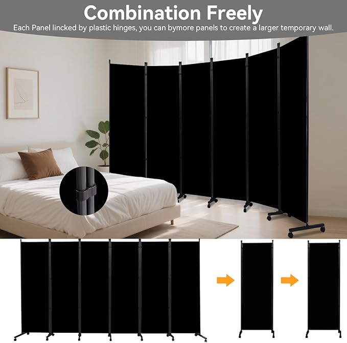 Room Divider (6 Panel) Wall Divider for Room Partition, 132 inch Metal Frame Wide Portable Privacy Screens W/Wheels, Freestanding Room Separators 5.6FT Room Divider Panel